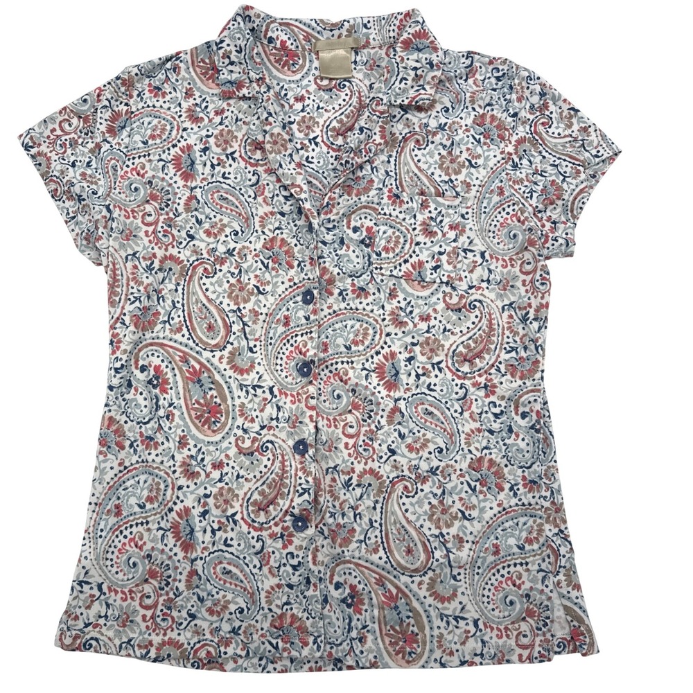 INK+IVY Pajama Top Paisley Button-Up Top Short Sleeve Soft Stretch Sleep Shirt S